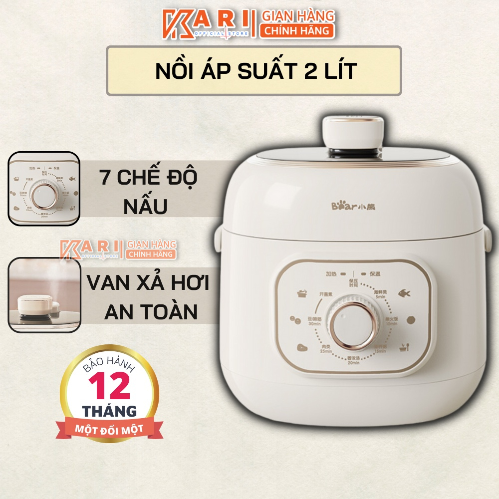 Nồi Áp Suất " BEAR" Cao Cấp Dung Tích 2L Công Suất 600W , 7 Mức Nhiệt Đa Năng, Hầm Hấp Nấu Mọi Món Ăn Cho Gia Đình