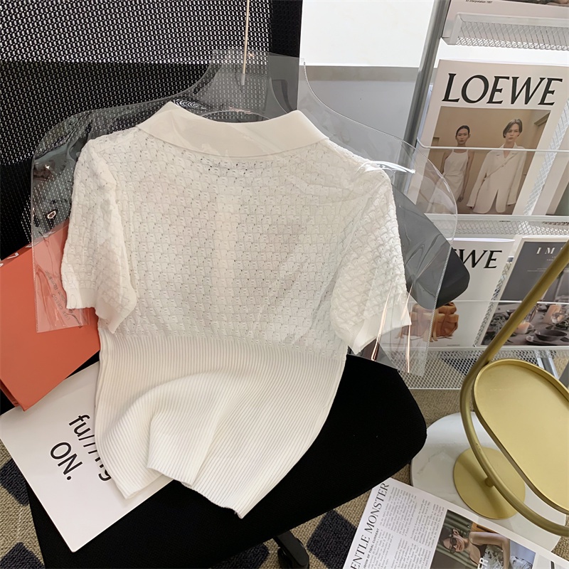 Áo polo dệt kim ZHELIHANGFEI tay ngắn thêu họa tiết đính ngọc trai phong cách thời trang cao cấp cho nữ