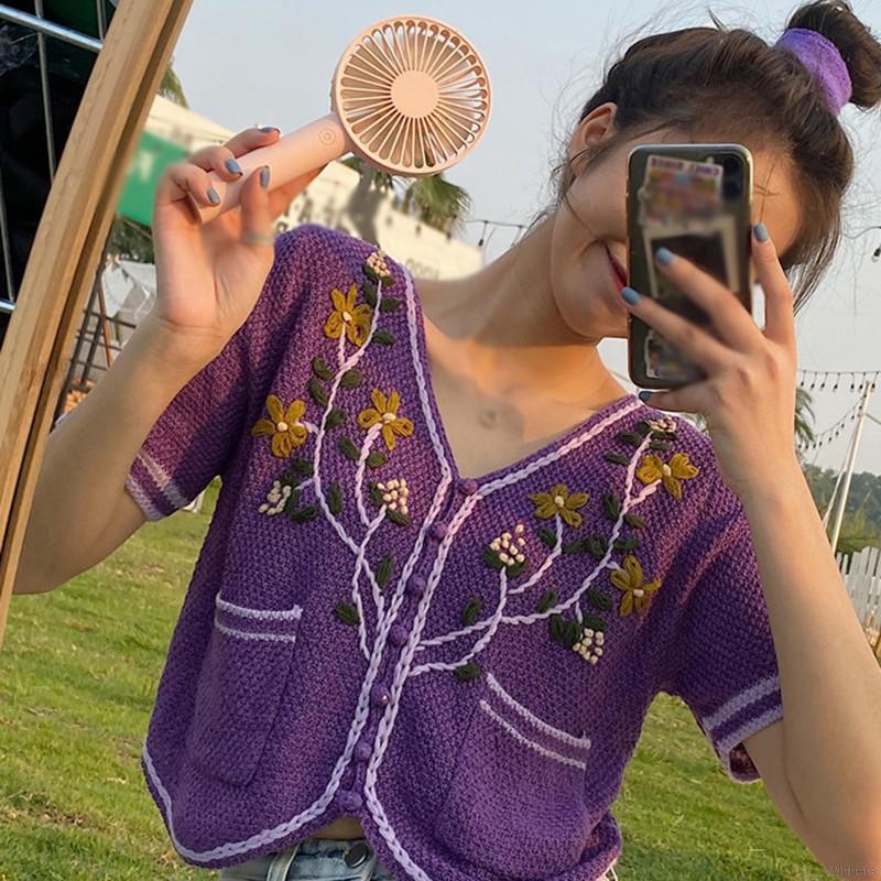 Áo Cardigan Dệt Kim Tay Ngắn Cổ Chữ V Thêu Họa Tiết Vintage Cho Nữ | BigBuy360 - bigbuy360.vn