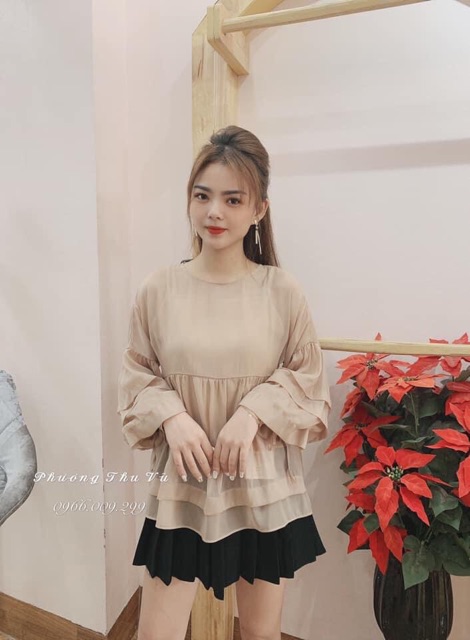 [Ảnh thật/Video] Áo babydoll tiểu thư xếp li tay áo sơ mi nữ cách điệu lụa hàn