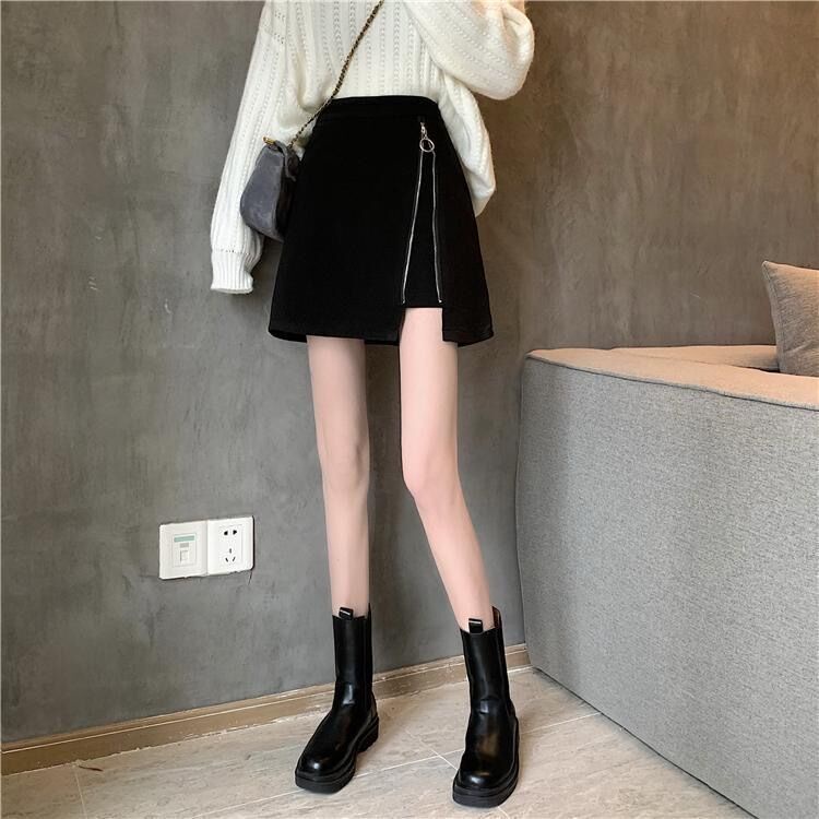Chân váy chữ A lưng cao màu đen phong cách thu đông thời trang cho nữ