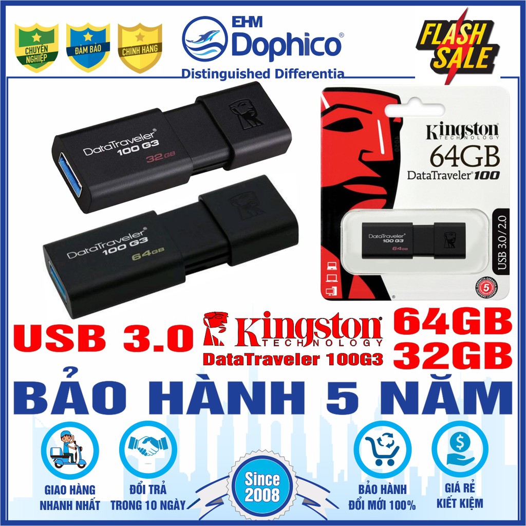 [Mã ELFLASH5 giảm 20K đơn 50K] USB 3.0 Kingston DataTraveler 100G3 – Dung lượng 64GB/32GB – CHÍNH HÃNG – Bảo hành 5 năm | BigBuy360 - bigbuy360.vn