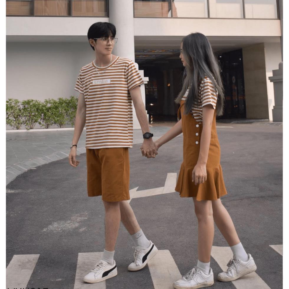 Set đôi nam nữ ❤️FREESHIP❤️ set áo cặp kẻ sọc kèm yếm và quần short kaki AT30 YAME Couple  ྇