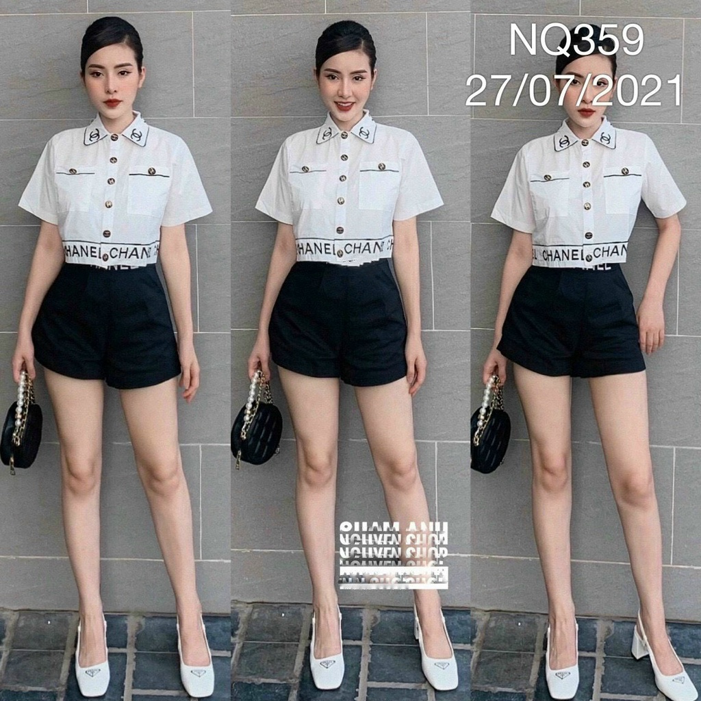 Set bộ nữ, set thêu chữ đính cúc phối viền đen sắc nét SKUS-95