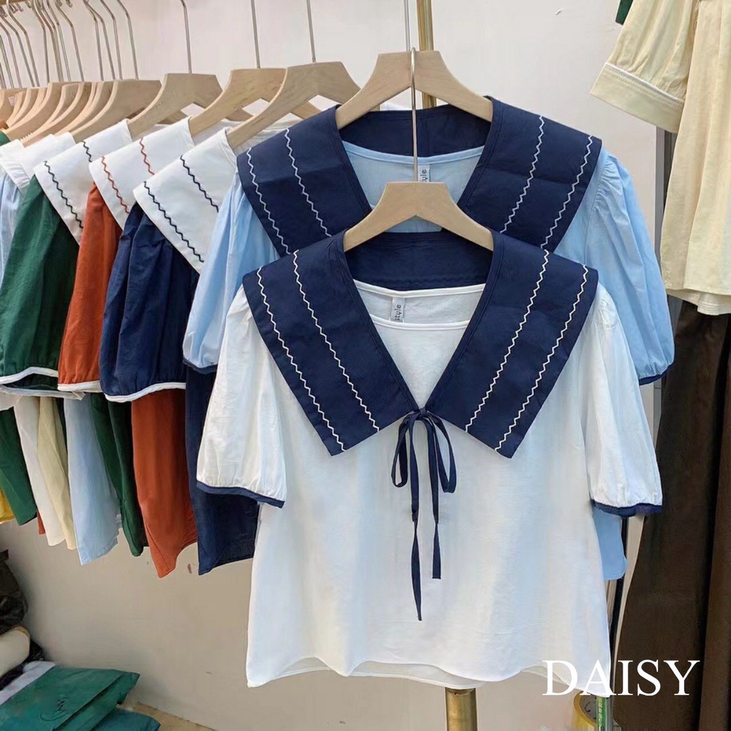 Sơ mi ngắn tay Daisy cổ tròn bản vuông kẻ thủy thủ cột nơ SMY3339