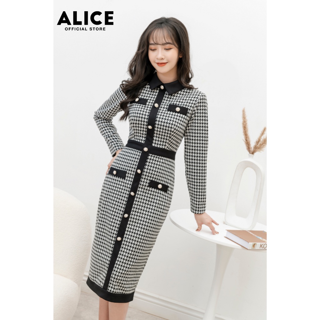 Váy Body Dài Tay Màu Ghi ALICE Chất Vải Thun Umi Hàn Mềm Mại Cao Cấp Thiết Kế Cổ Sơ Mi Đính Cúc Ngọc V732 MM