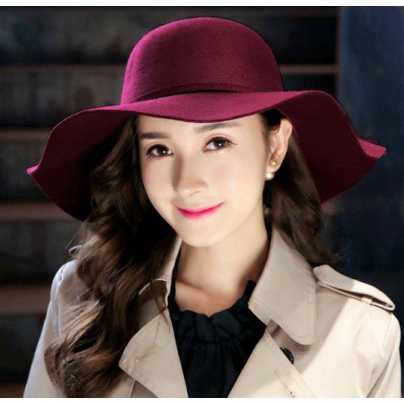 Nón mũ nữ rộng vành nỉ đi biển chống nắng fedora màu đỏ đô Lh 0917399527