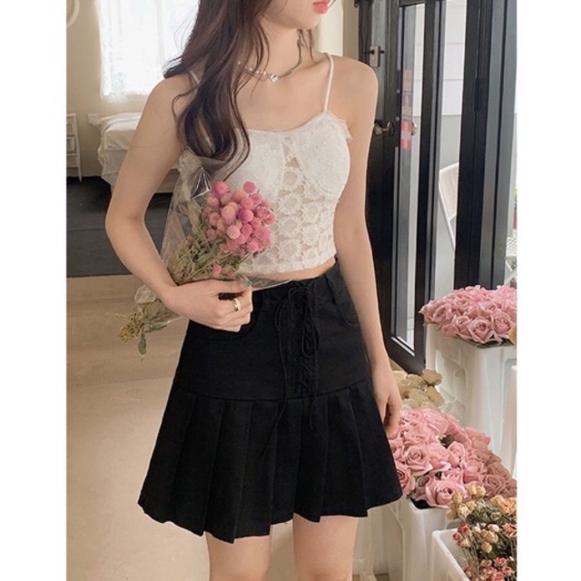 Chân váy xếp ly buộc dây cạp cao phong cách retro