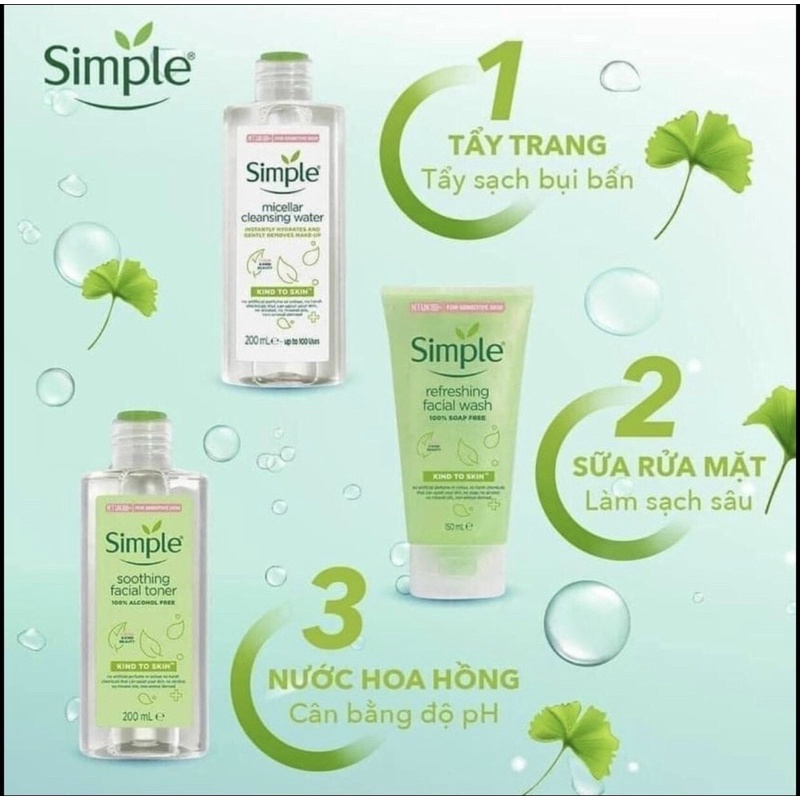 BỘ 03 SIMPLE  Giúp Da Sạch Sâu Và Cấp Ẩm Cho Da SIMPLE Kind To Skin (TẨY TRANG 200ml, SRM 150ml, TONER 200ml)