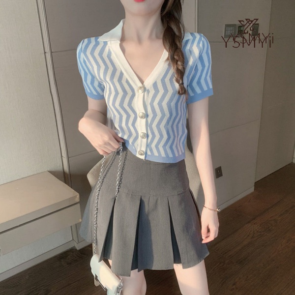 Áo Thun Dệt Kim Tay Ngắn Cổ Chữ v Thiết Kế Mới Thời Trang Mùa Hè Dành Cho Nữ