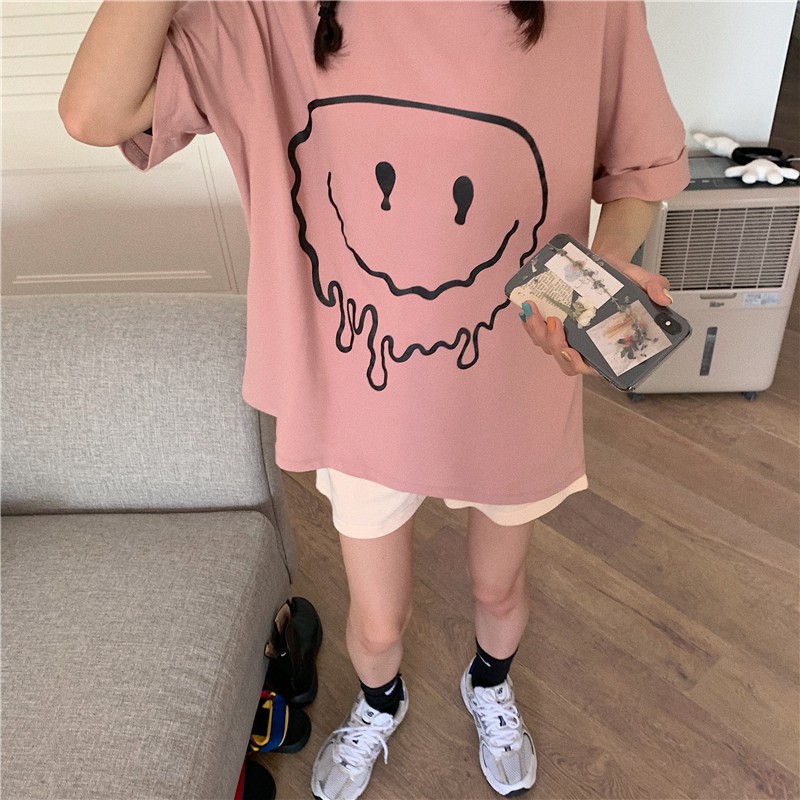 Áo thun nữ tay ngắn cổ tròn hình mặt cười ulzzang