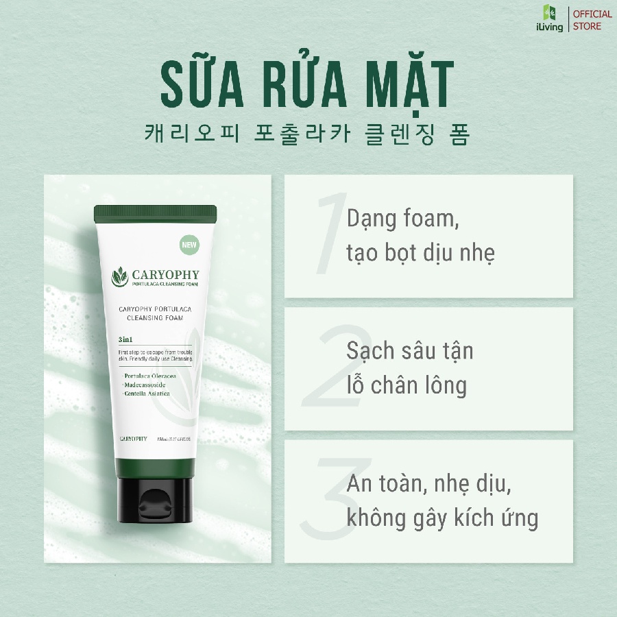 Bộ dưỡng da giảm mụn, mờ thâm Caryophy ( Sữa rửa mặt 30ml + Toner 50ml + Serum 10ml + Kem chống nắng 5ml) ILIVING-CAR