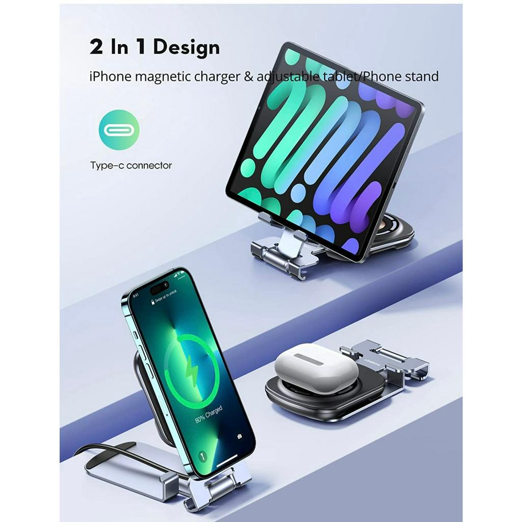 Đế sạc không dây từ tính giá đỡ ipad iPhone tai nghe,2 trong 1 THREEKEY TK 32 có thể gập lại và điều chỉnh  Fast Mag 15W