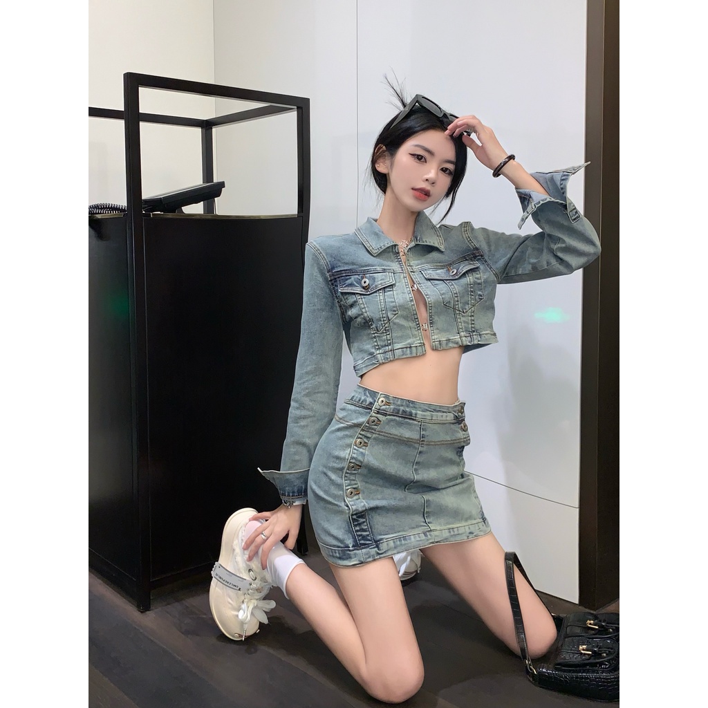 Set Áo Khoác Denim Tay Dài + Chân Váy Denim Eo Cao Phong Cách Hàn Quốc Mới Cho Nữ