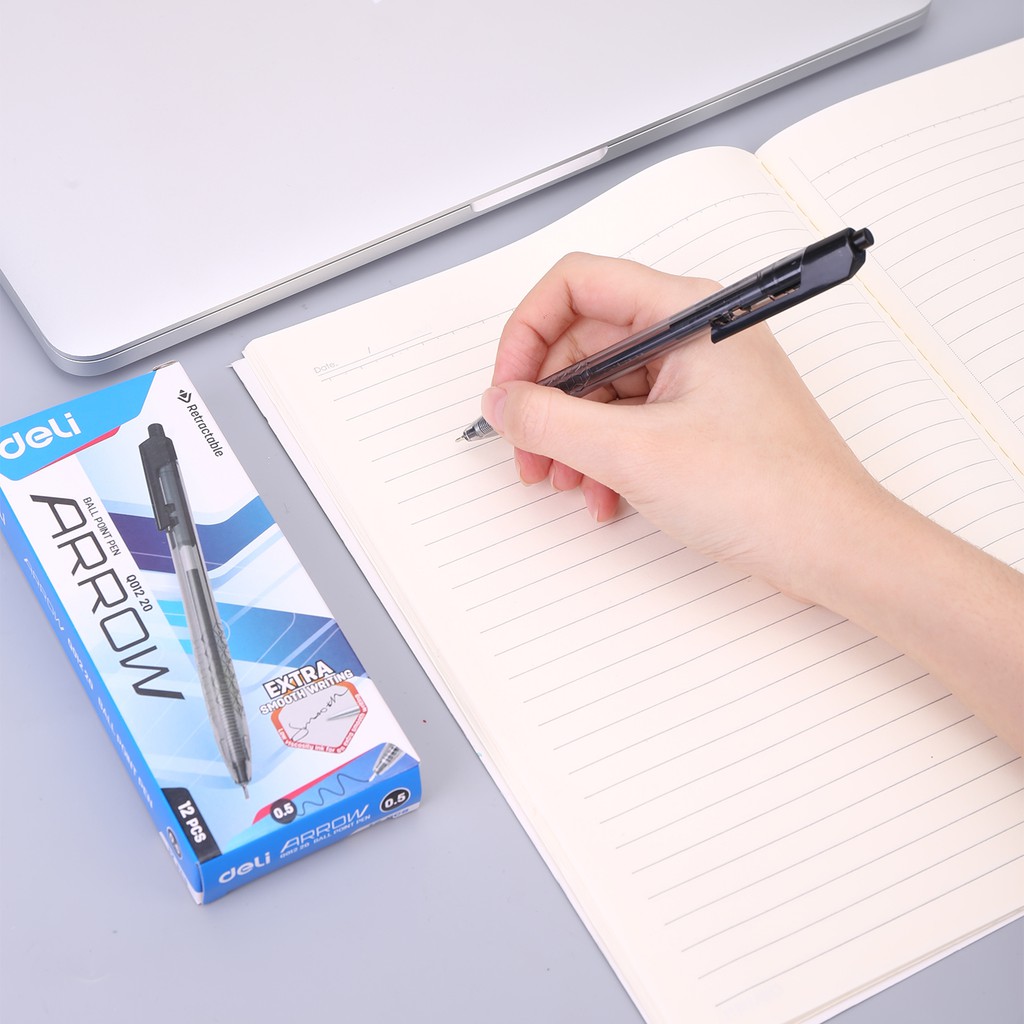 Bút bi văn phòng mực xanh đen đầu bấm ngòi 0.5mm 0.7mm Deli nét viết đều đệm tay cao su chống trượt chất lượng cao