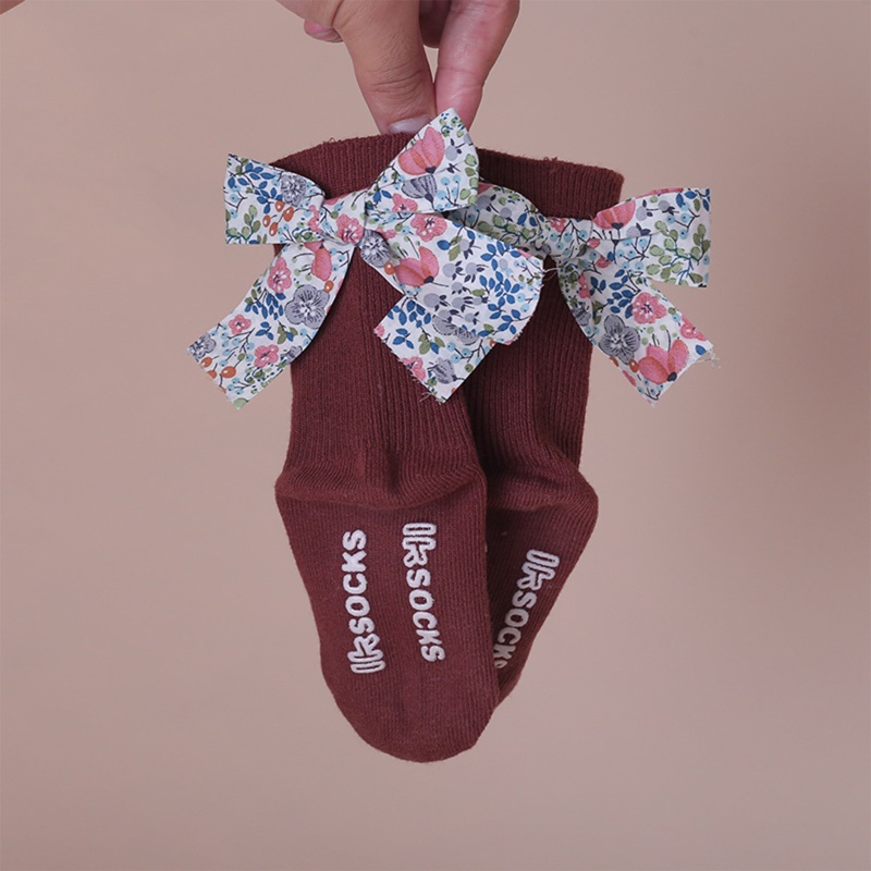 Tất Cotton Chống Trượt Đính Nơ Họa Tiết Hoa Xinh Xắn Cho Bé Gái
