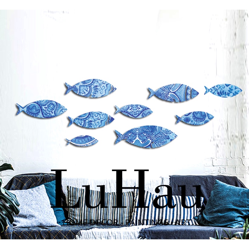 Bộ tranh cá dán tường 9 chú cá LuHau hoa tiết Xanh Lam thổ cẩm dán sẵn băng dính trang trí nội thất tiện lợi