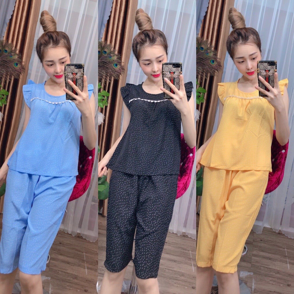 Đồ bộ mặc nhà nữ, sét đồ ngủ nữ lụa thiết kế cánh tiên quần lửng 40-75kg LUA02 ảnh thật