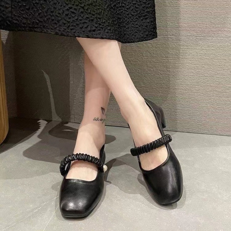 (HÀNG CÓ SẴN) 833 Giày cao gót da mềm quai ngang nhún bèo BIG SIZE 40-43