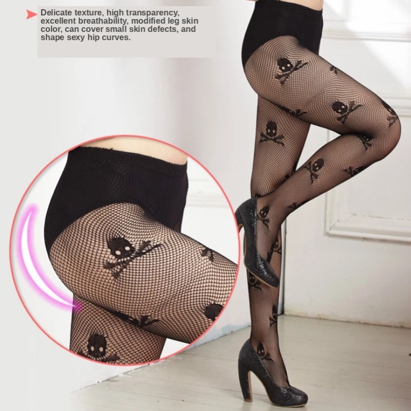 Quần tất lưới họa tiết đầu lâu trắng/đen thoáng khí cho Halloween chất lượng cao