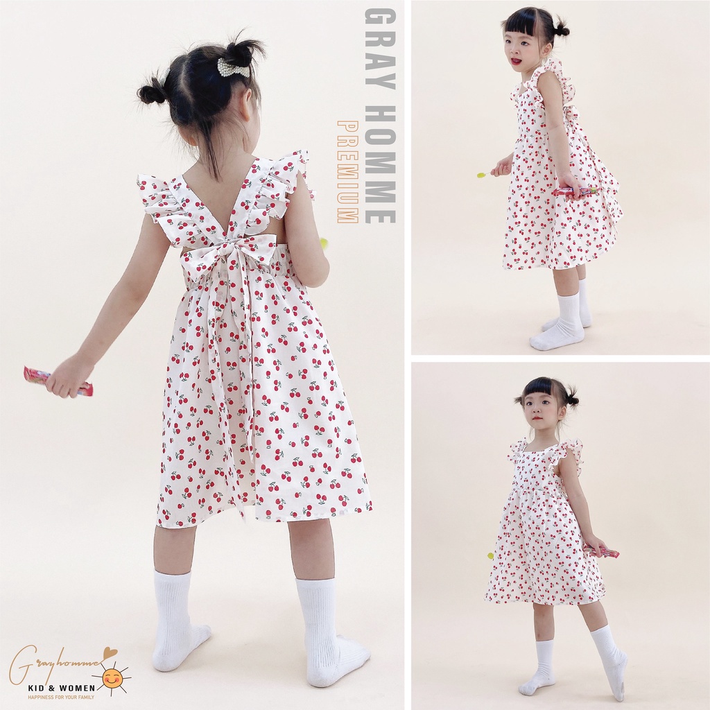Váy bé gái GRAYHOMME họa tiết Cherry Vàng, dáng rộng, chất Thô cotton thoáng mát thấm hút mồ hôi tốt (VK007)