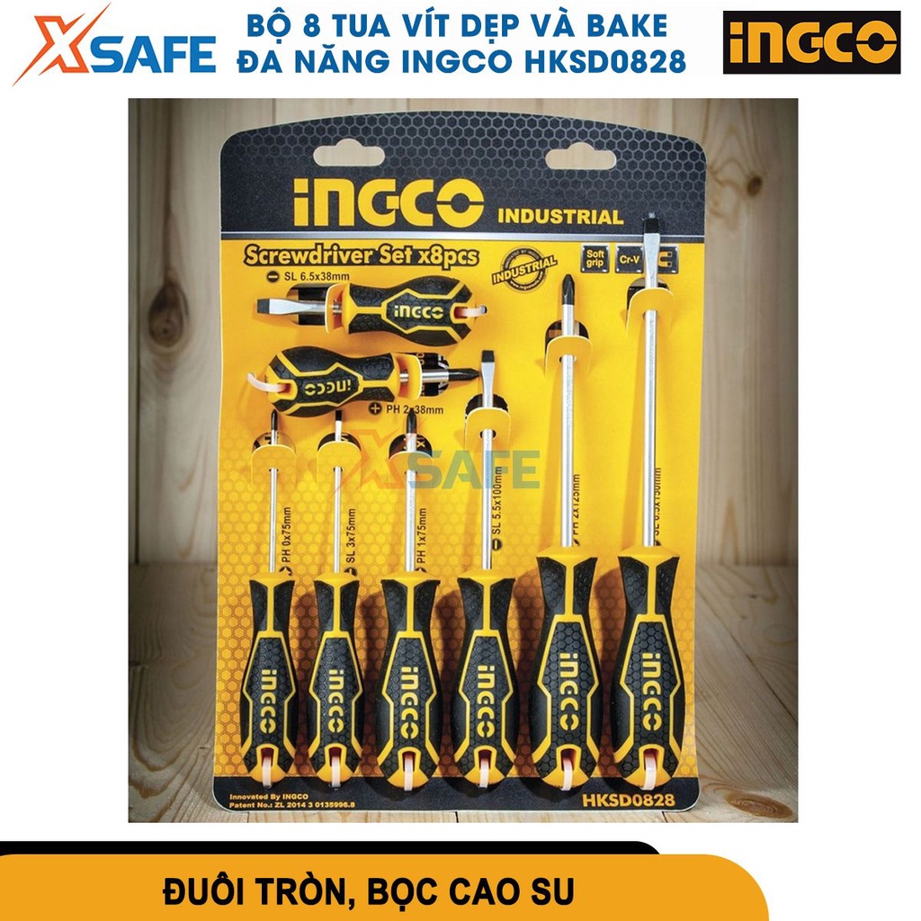 Bộ tua vít đa năng 8 chi tiết INGCO HKSD0828 thép Cr-V siêu cứng, chống rỉ, đầu vít có nam châm [chính hãng] [xsafe]