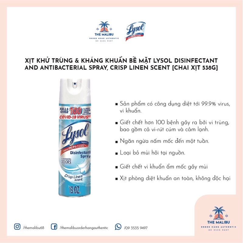 XỊT KHÁNG KHUẨN LYSOL, USA, BÌNH XỊT 538 GAM, 19 OZ