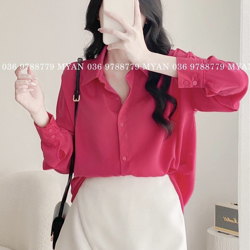 Set Áo Sơ Mi Hồng Mix Chân Váy Chữ A Trắng Dáng Rộng