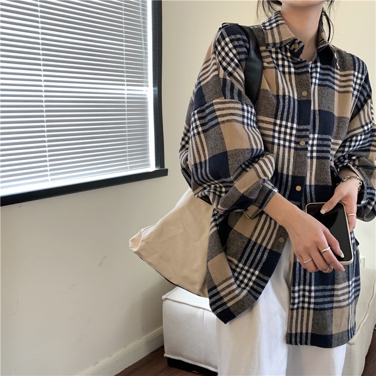 Áo sơ mi SUXI dáng dài rộng họa tiết sọc caro phong cách Hàn Quốc thời trang mùa thu cho nữ