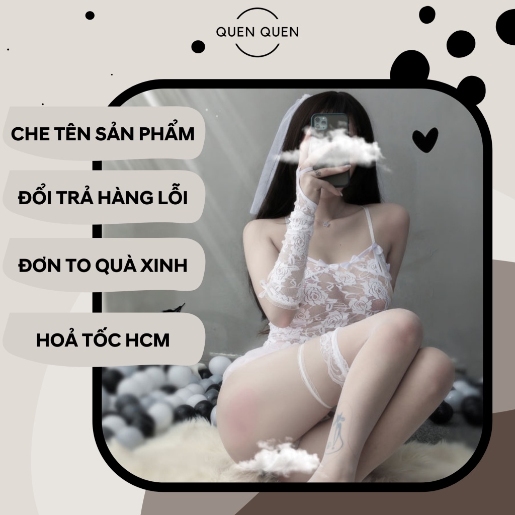 Đồ ngủ sexy đồ ngủ nữ cosplay cô dâu 3 sexy ren lưới hoa văn màu trắng freesize QUENQUEN store