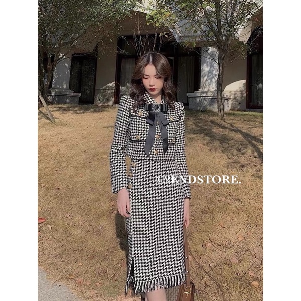 2END Set dạ tweed nữ chân váy dài