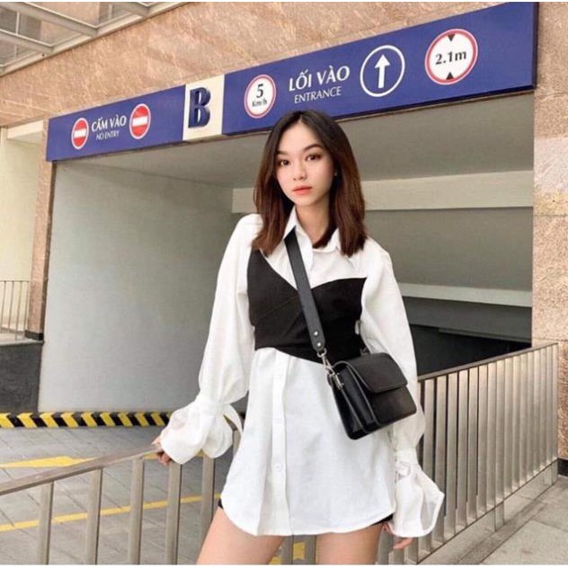 ÁO GIẤU QUẦN DOUBLE SHIRT DÁNG DÀI - ÁO SƠMI LIỀN TAY ĐẮP CHÉO CỘT NƠ ĐEN PHÍA SAU -ĐẦM ulzzang  ྇