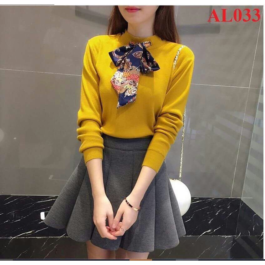 Áo Thun Tay Dài Dáng Trơn Kết Hợp Dây Thắc Nơ Cổ Thời Trang Thu Đông TTSL0184