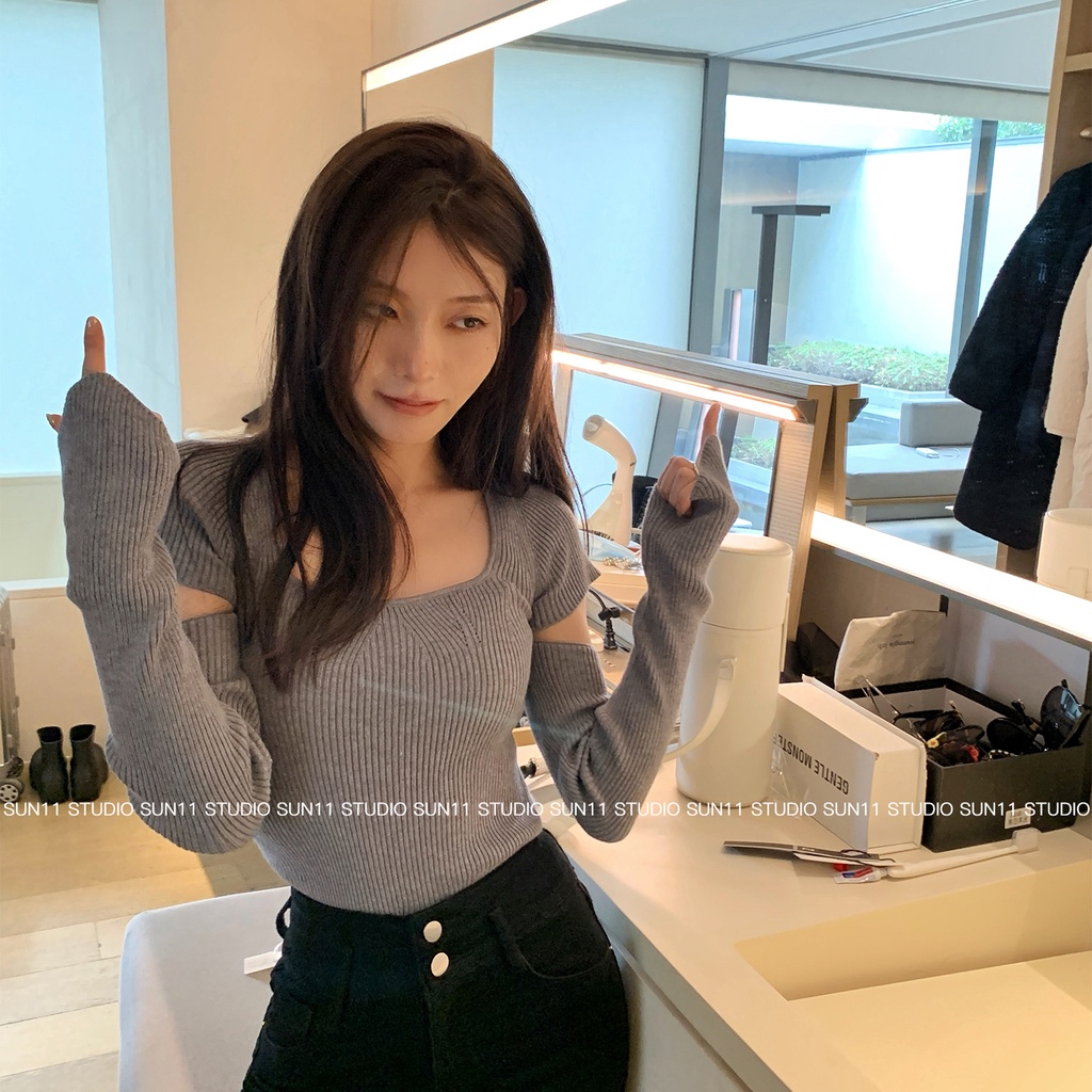 Áo dệt kim SUXI tay dài ôm dáng thời trang quyến rũ cho nữ