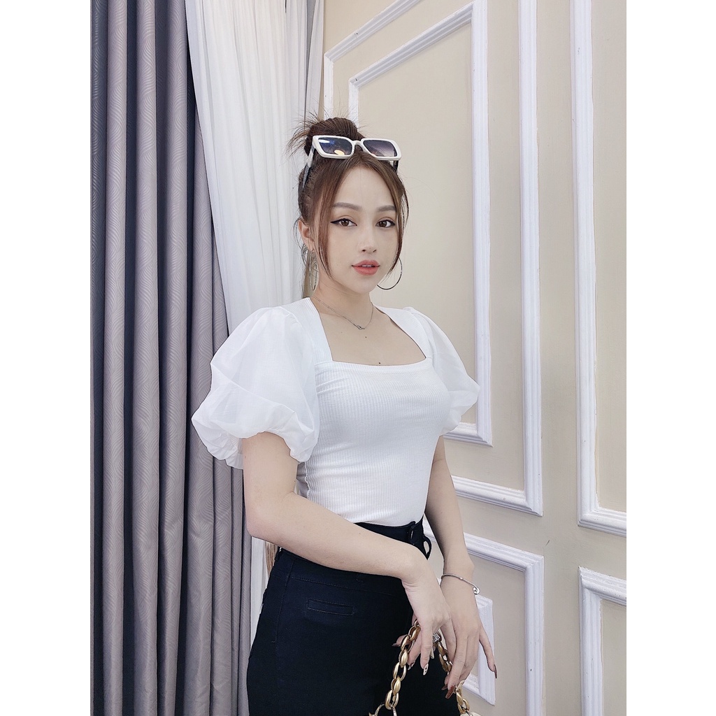 Áo thun nữ CRAZYTEEN cổ choàng tay bồng AT0186