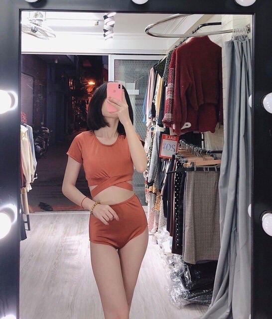 Bikini màu cam đất áo ngắn tay quần cạp cao[ẢNH THẬT] | BigBuy360 - bigbuy360.vn