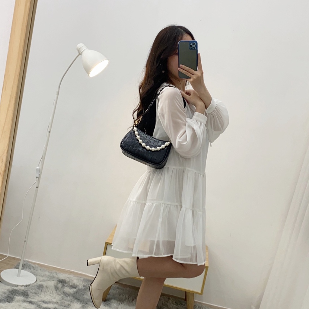 Váy Babydoll nữ dài tay phối nơ ngực [2 lớp] Đầm nữ bánh bèo chất tơ mịn V-BB | BigBuy360 - bigbuy360.vn