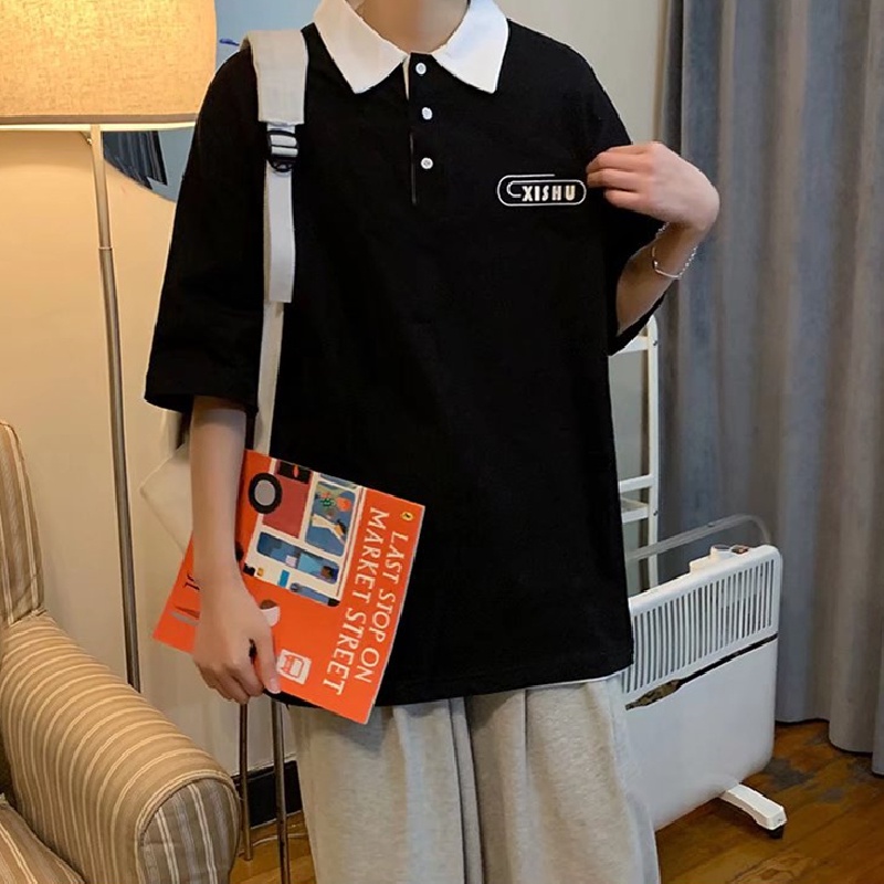 Áo Thun polo Có Cổ Thêu Chữ size M-3XL Phong Cách Hip Hop Cho Nam