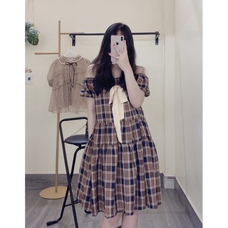 ( ảnh thật ) Váy kẻ trễ vai nơ