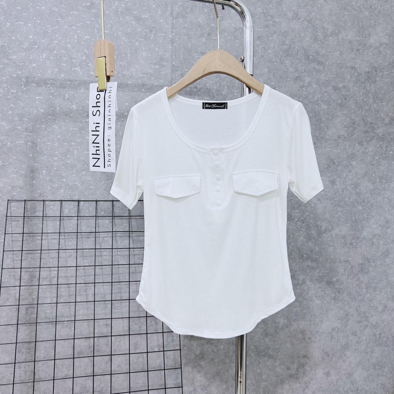 Áo thun tăm cài cúc hai túi, Áo kiểu dáng ôm cúc ngực co giãn AS6529 - NhiNhi Shop