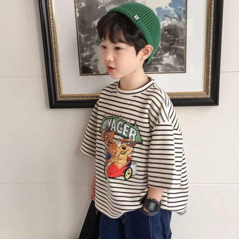 Áo Thun Tay Ngắn Cổ Tròn Họa Tiết Hoạt Hình Kẻ Sọc Thời Trang Mùa Hè 2022 Cho Bé Trai
