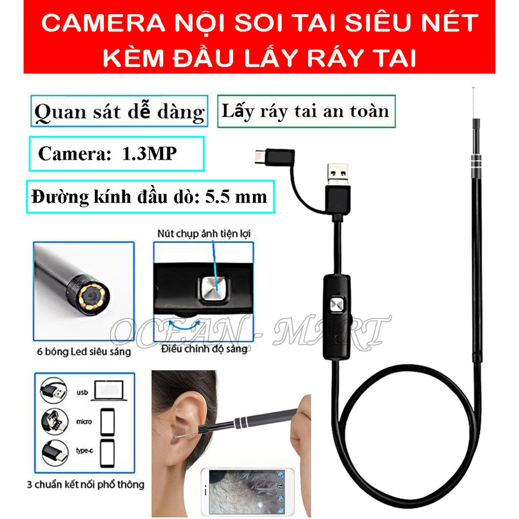 Camera nội soi tai, mũi, họng, Camera Nội Soi Tai Siêu Nét Đi Kèm Bộ Đầu Lấy Ráy cho hình ảnh sắc nét - Bảo hành 1 đổi 1