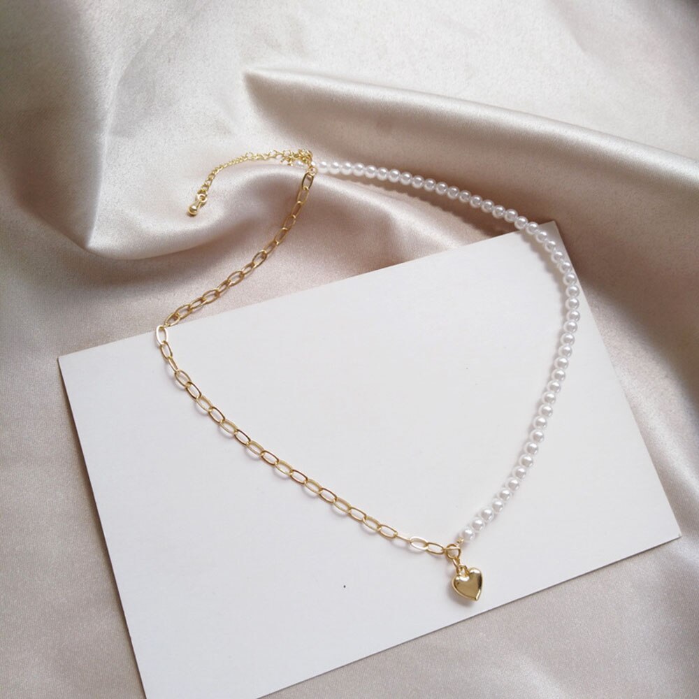 Vòng cổ choker phối chuỗi ngọc trai nhân tạo mặt hình trái tim thời trang