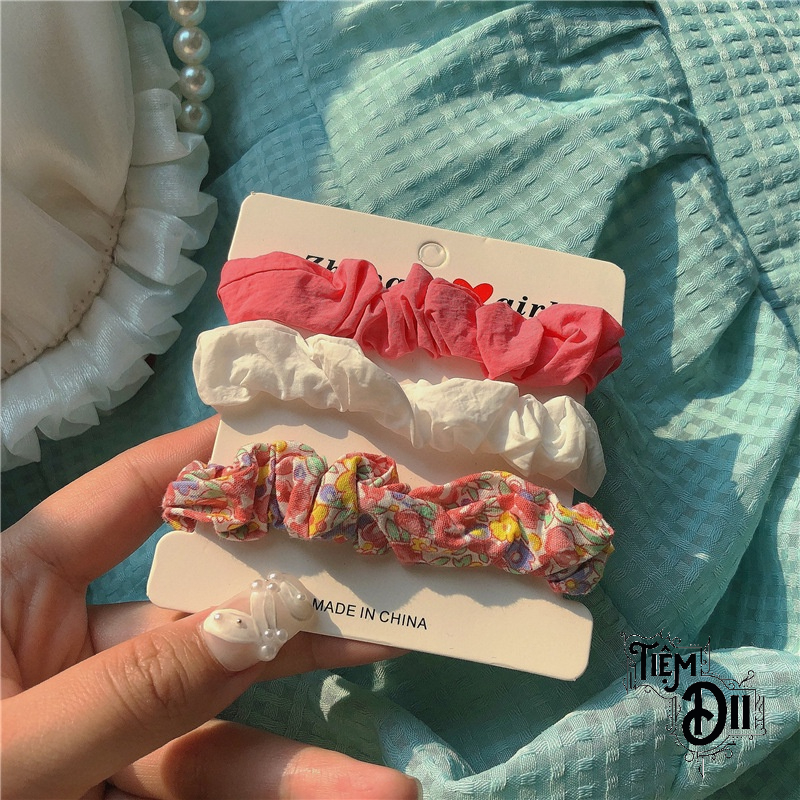 Set 3 Scrunchies Mini Chun Buộc Tóc Vải Chun Cột Tóc VinTage Dễ Thương Quà Tặng Cho Cô Nàng Bánh Bèo