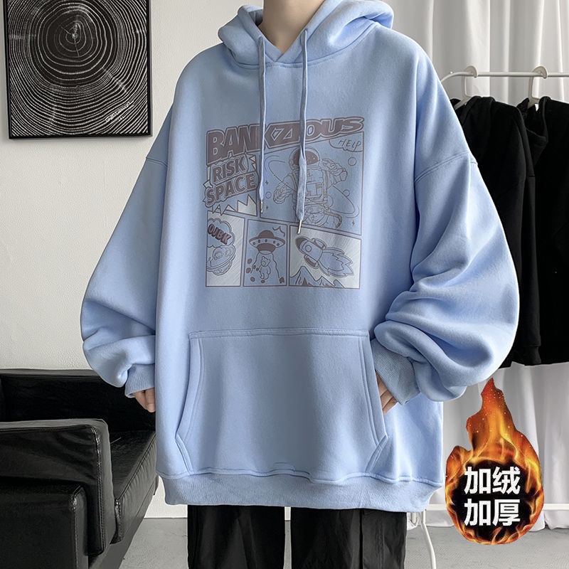 ☁Plus Áo sweater Dáng Rộng Lót Nhung Dày Dặn Phong Cách Hàn Quốc Thời Trang Thu Đông Cho Nam Giới