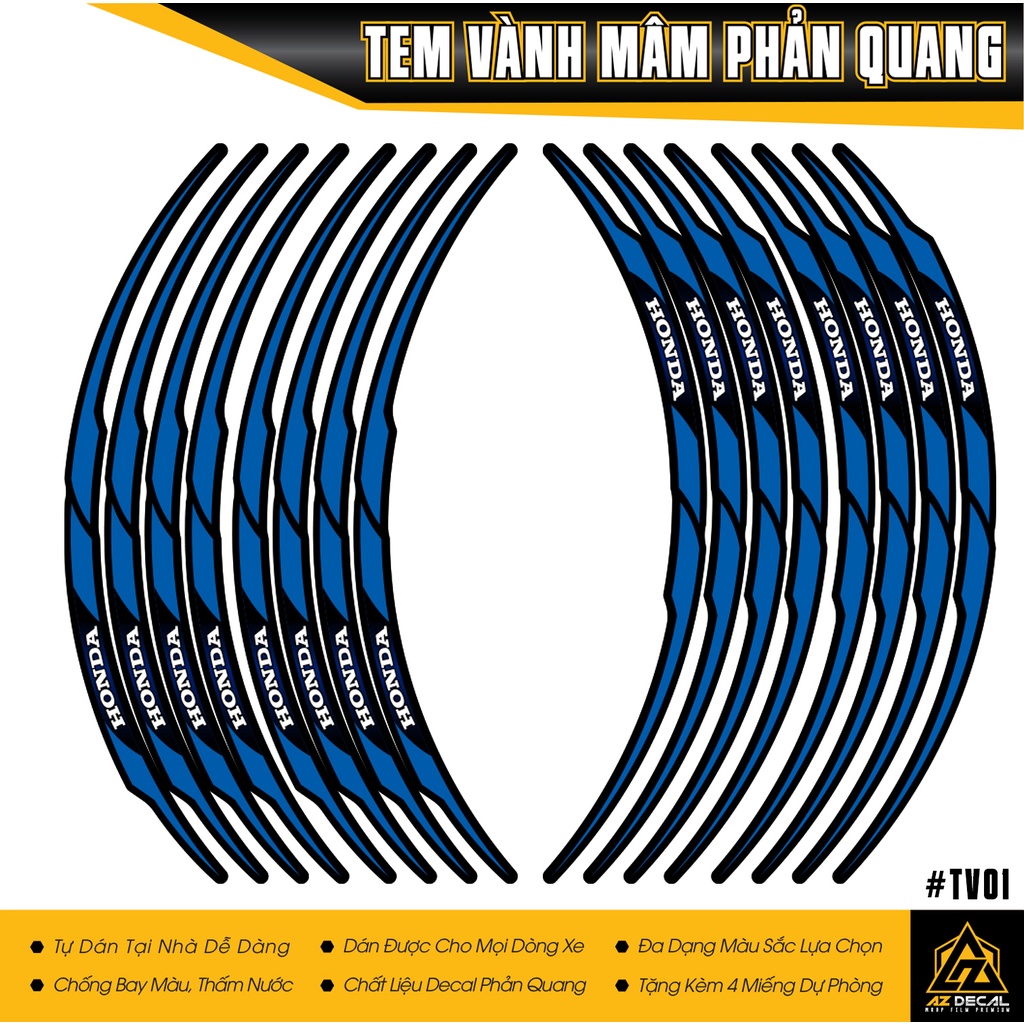 Tem Dán Vành xe Máy Phản Quang Honda | TV01 | Decal Dán Mâm AB Air Blade SH Vision Lead Winner 150 V1 V3... Cực Chất
