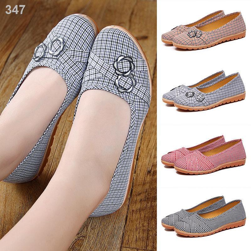 Giày vải Bắc Kinh cũ với gân bò, phụ nữ đế phẳng kẻ sọc đỏ, xanh và đen