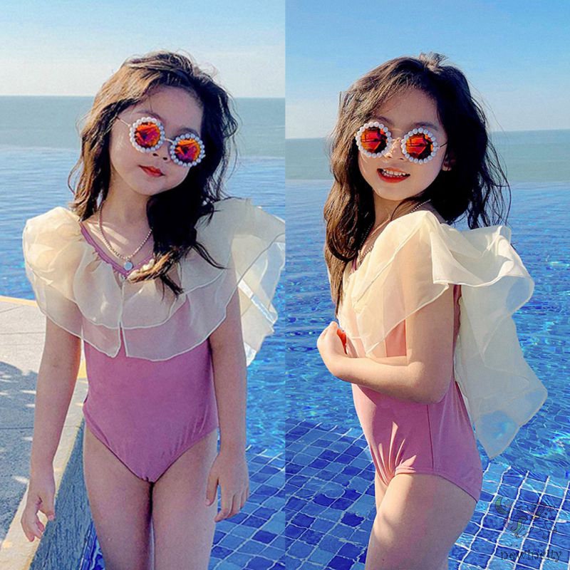 Bộ Đồ Bơi Một Mảnh Hở Lưng Phối Lưới Phong Cách Hàn Quốc Ngọt Ngào Cho Bé Gái