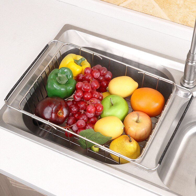 Kệ Inox gác bồn rửa chén co giãn đựng bát đĩa tiện lợi, Giá đựng hoa quả đa năng, hữu ích {H}