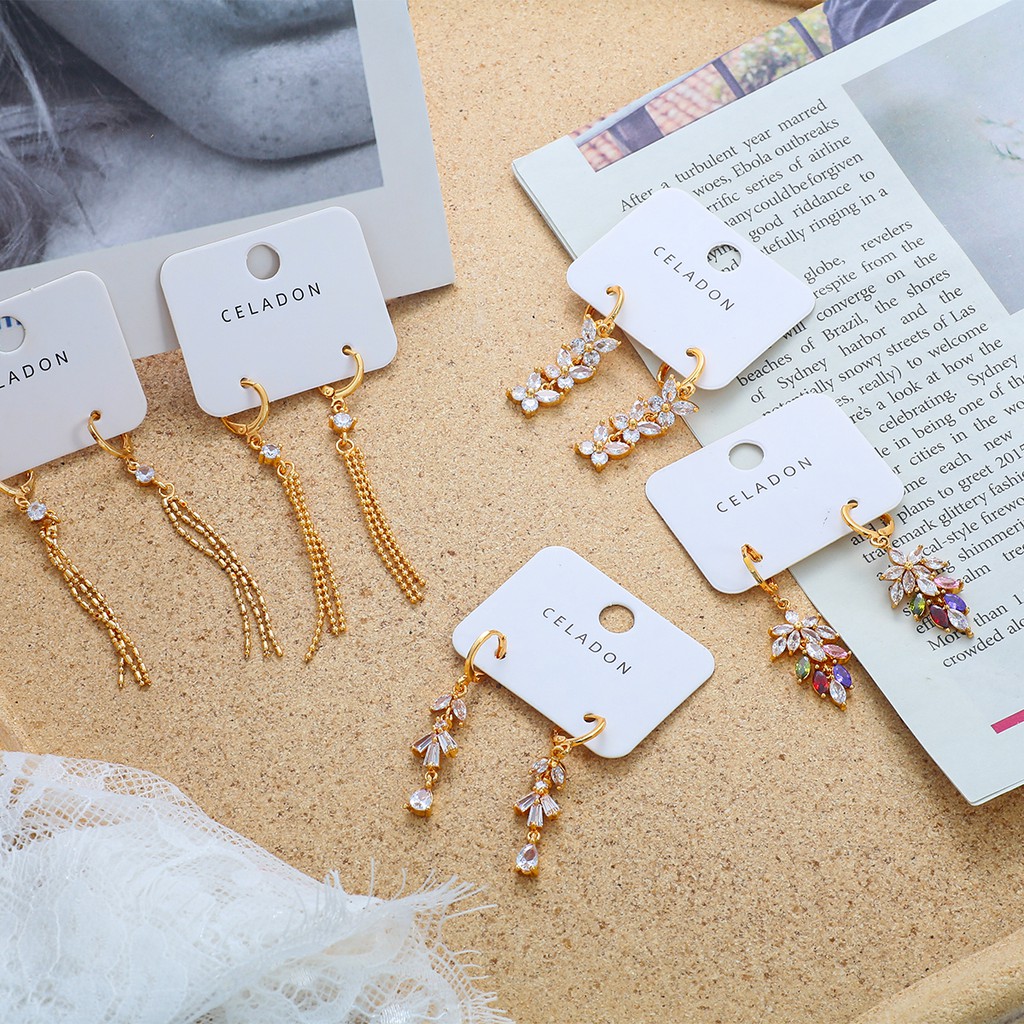 BEADIA 1 Đôi Bông Tai Dáng Dài Đính Đá Zircon Phong Cách Thời Trang Hàn Quốc Mới